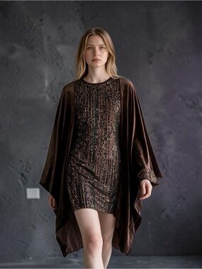 Chico's Brown Velvet Cape with Multicolor Sequin Panel